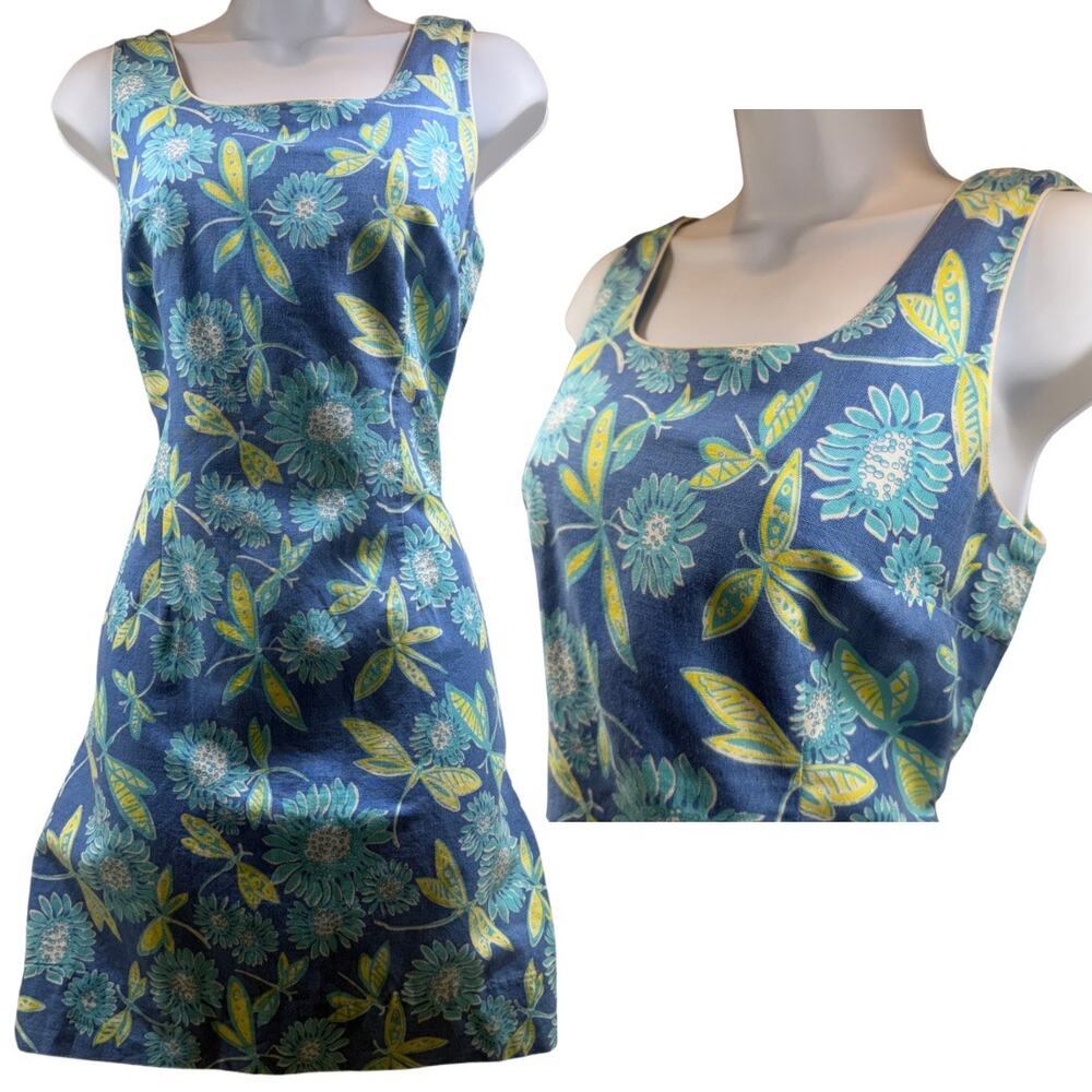 Vintage 90s Y2k Lilly Pulitzer Blue Floral Linen Mini Dress Sz 8